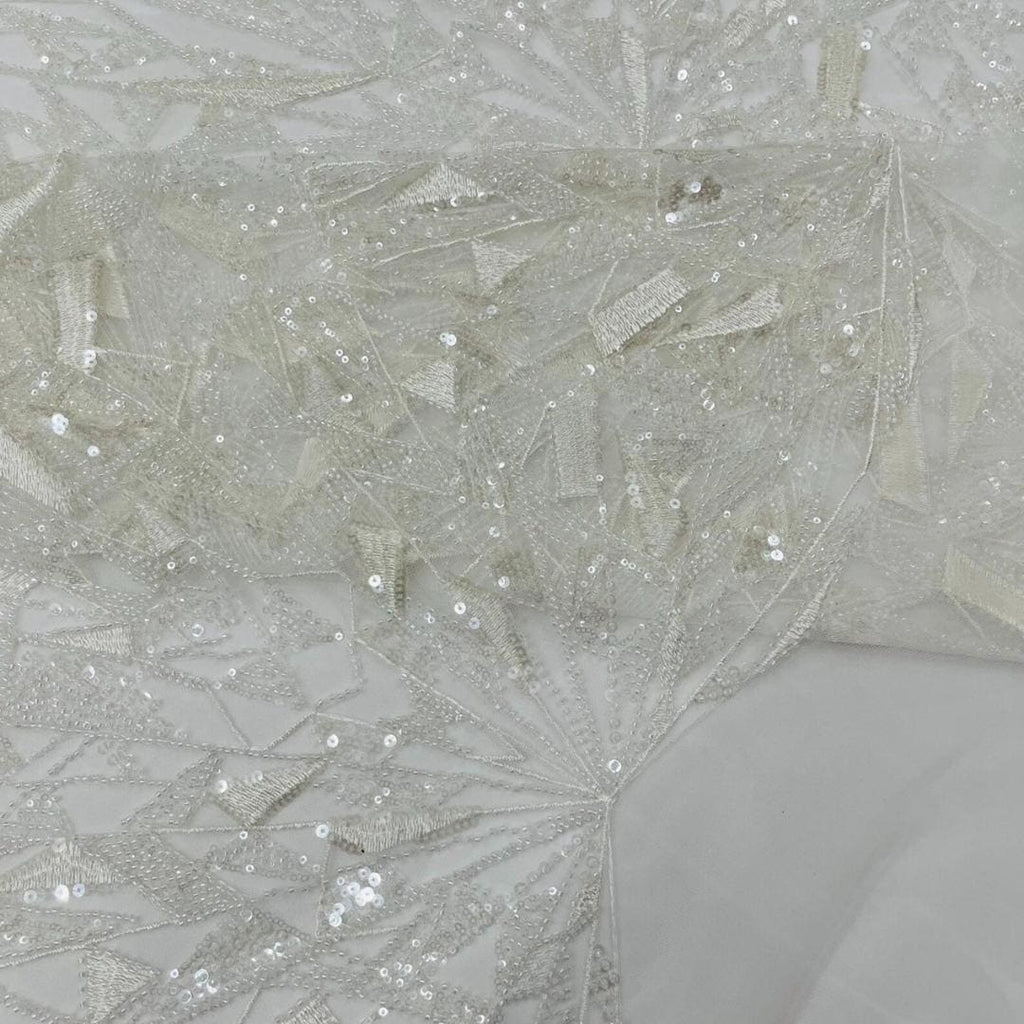 Luxury Geometric Lace - White - 3D Beaded Design with Embroidered Sequins and Beads On a Mesh Lace Fabric for Prom Dress By The Yard