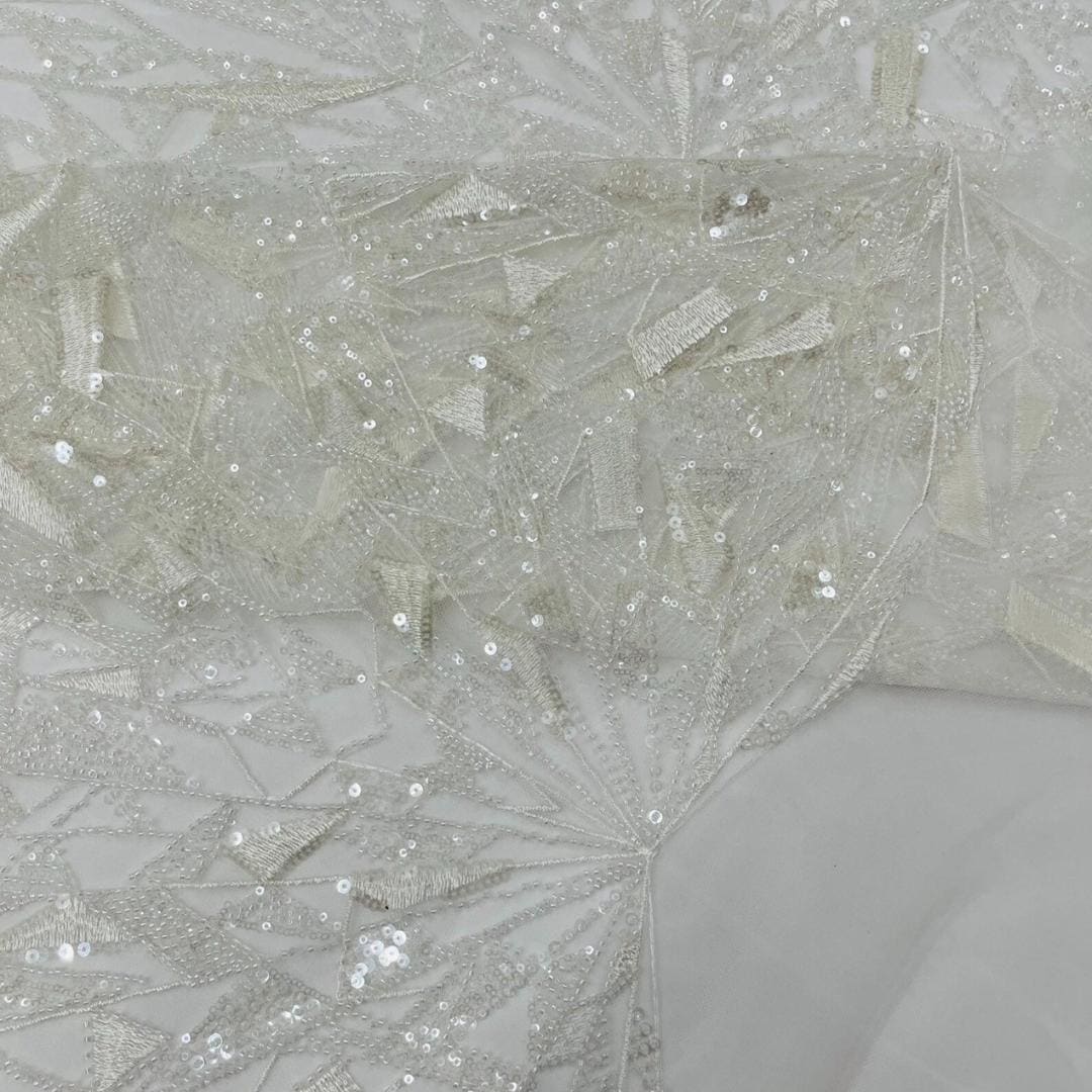 Luxury Geometric Lace - White - 3D Beaded Design with Embroidered Sequins and Beads On a Mesh Lace Fabric for Prom Dress By The Yard