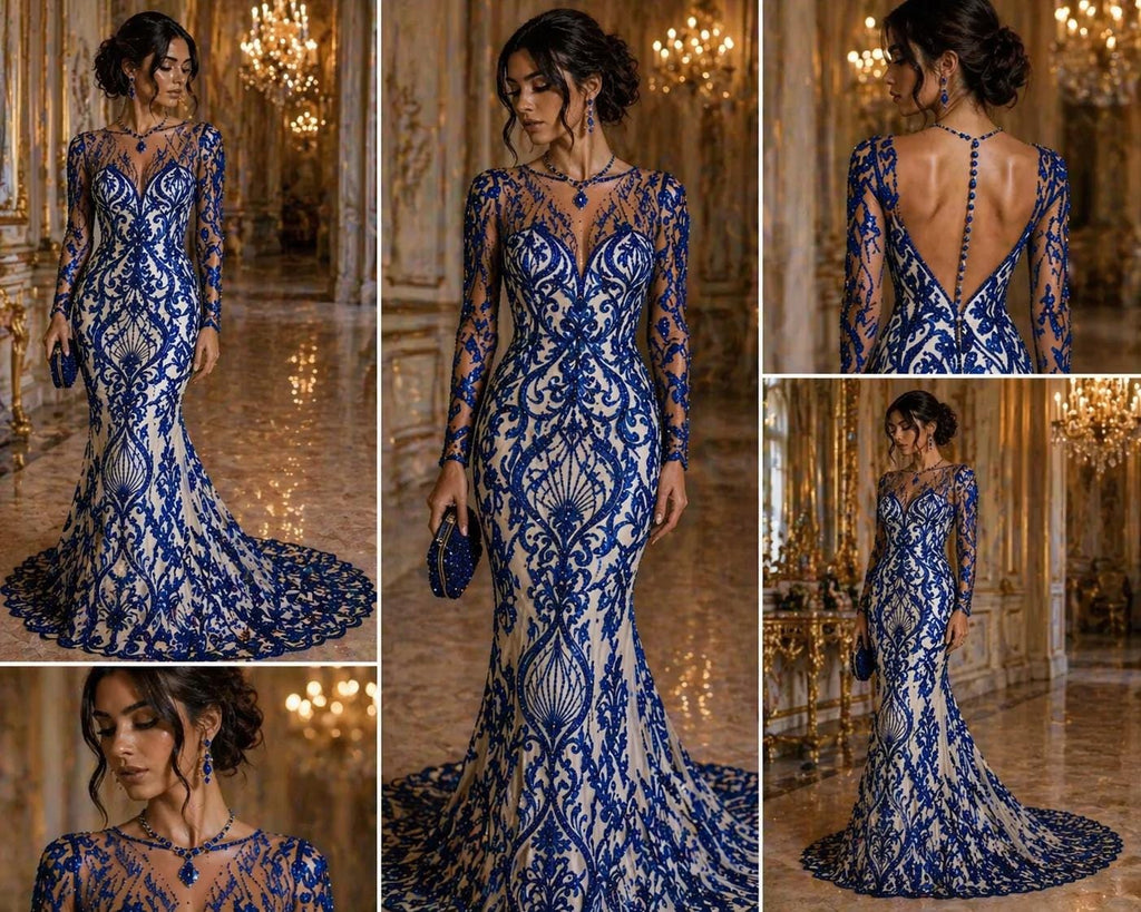 Luxury Heart Lace - Royal Blue - 3D Beaded Design with Embroidered Sequins and Beads On a Mesh Lace Fabric for Prom Dress By The Yard