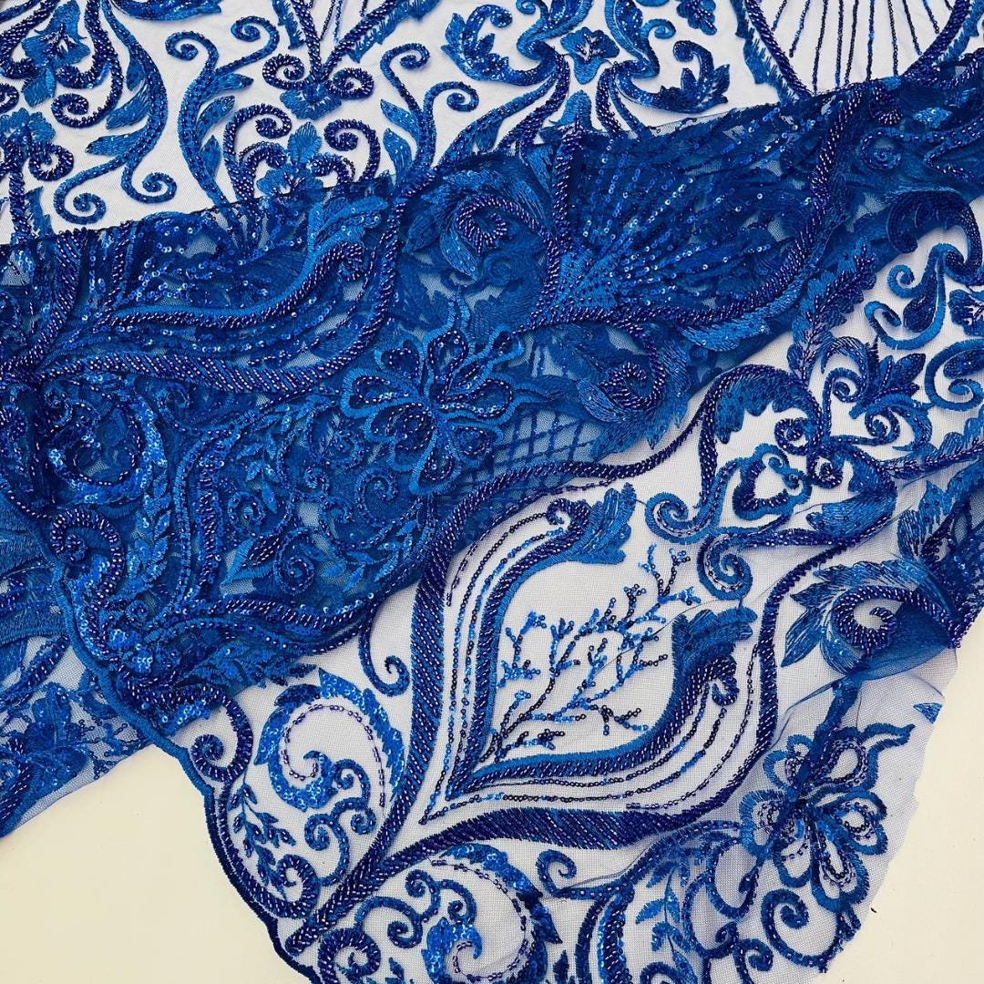 Luxury Heart Lace - Royal Blue - 3D Beaded Design with Embroidered Sequins and Beads On a Mesh Lace Fabric for Prom Dress By The Yard