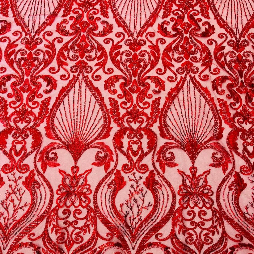 Luxury Heart Lace - Red - 3D Beaded Design with Embroidered Sequins and Beads On a Mesh Lace Fabric for Prom Dress By The Yard
