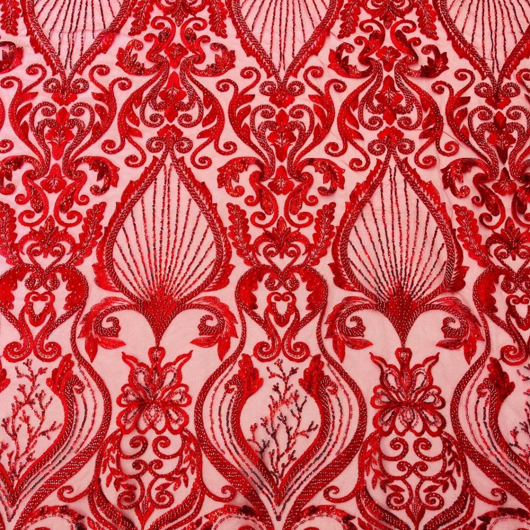 Luxury Heart Lace - Red - 3D Beaded Design with Embroidered Sequins and Beads On a Mesh Lace Fabric for Prom Dress By The Yard