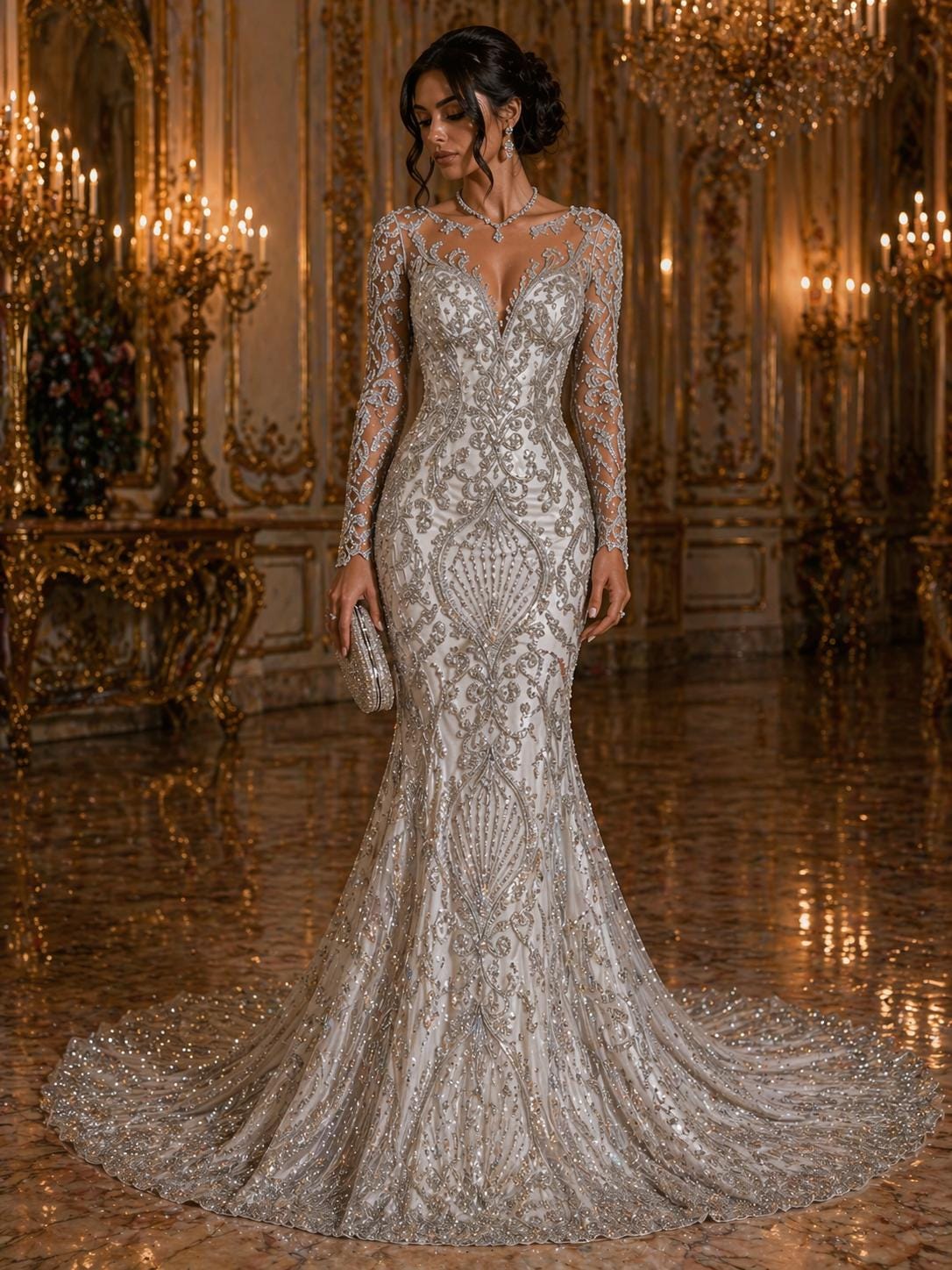 Luxury Heart Lace - Silver - 3D Beaded Design with Embroidered Sequins and Beads On a Mesh Lace Fabric for Prom Dress By The Yard