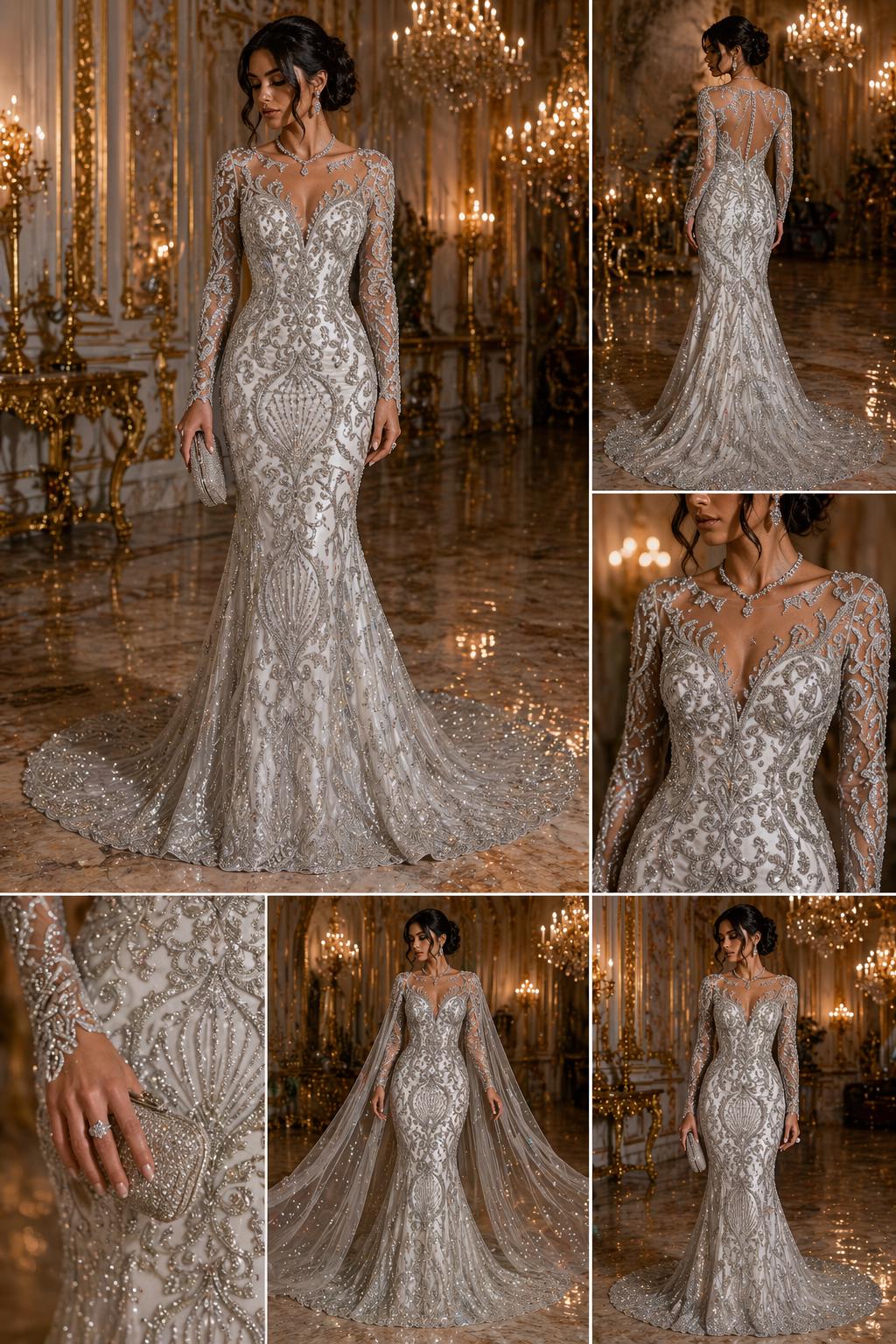 Luxury Heart Lace - Silver - 3D Beaded Design with Embroidered Sequins and Beads On a Mesh Lace Fabric for Prom Dress By The Yard