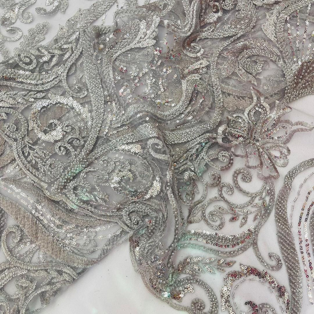 Luxury Heart Lace - Silver - 3D Beaded Design with Embroidered Sequins and Beads On a Mesh Lace Fabric for Prom Dress By The Yard