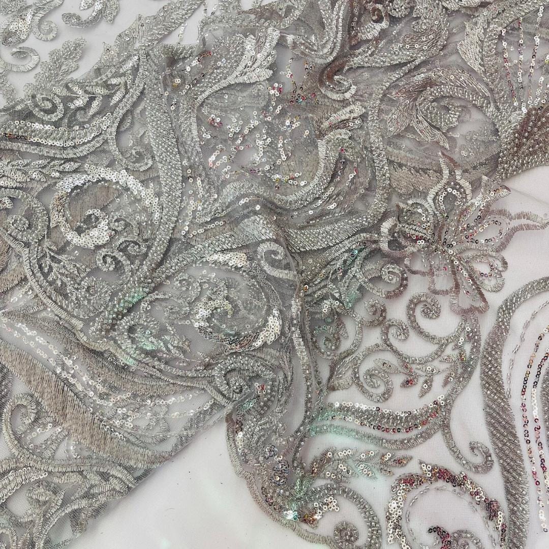 Luxury Heart Lace - Silver - 3D Beaded Design with Embroidered Sequins and Beads On a Mesh Lace Fabric for Prom Dress By The Yard