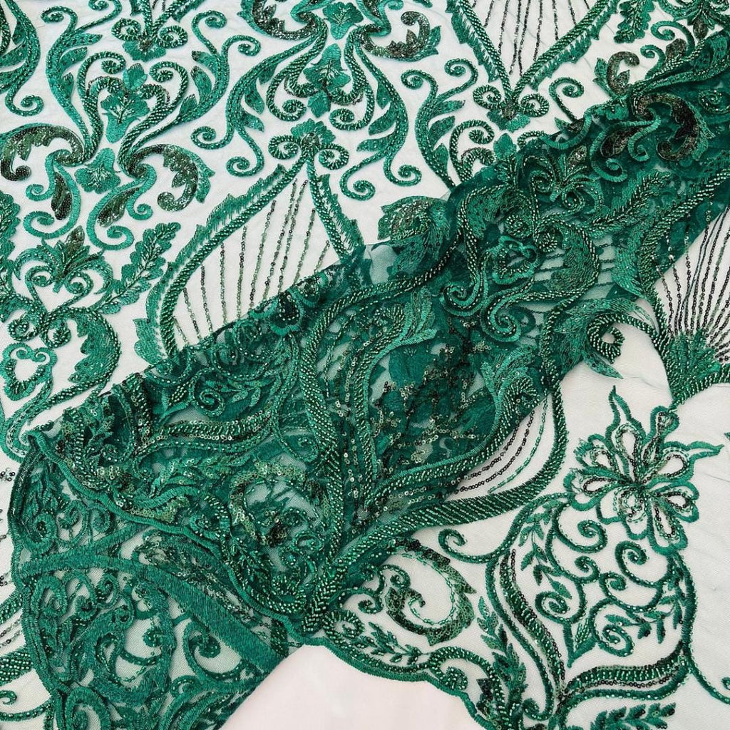 Luxury Heart Lace - Hunter - 3D Beaded Design with Embroidered Sequins and Beads On a Mesh Lace Fabric for Prom Dress By The Yard