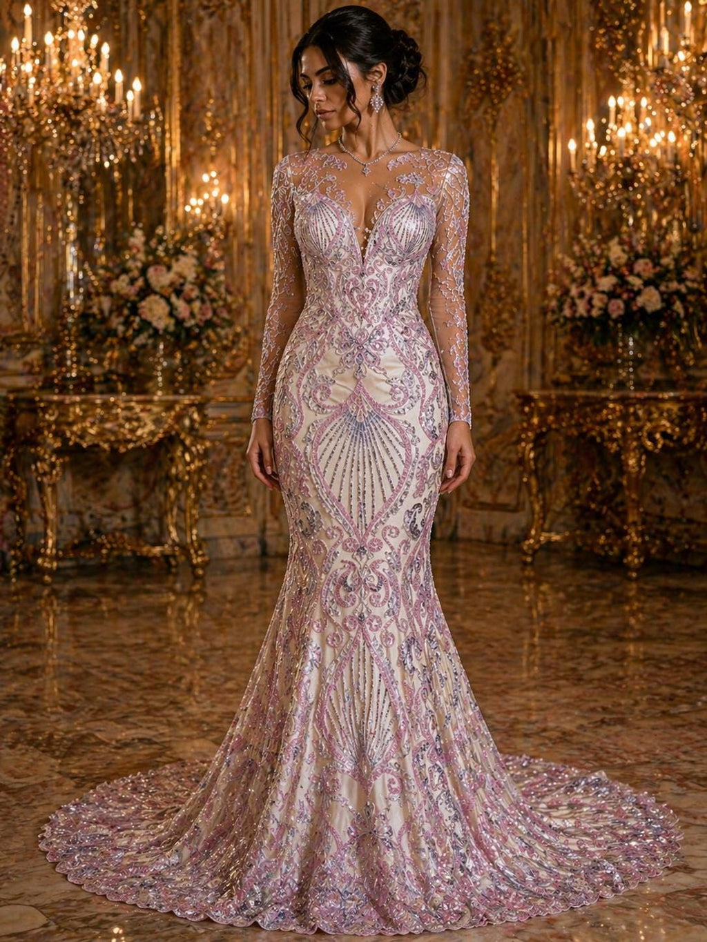 Luxury Heart Lace - Lilac - 3D Beaded Design with Embroidered Sequins and Beads On a Mesh Lace Fabric for Prom Dress By The Yard