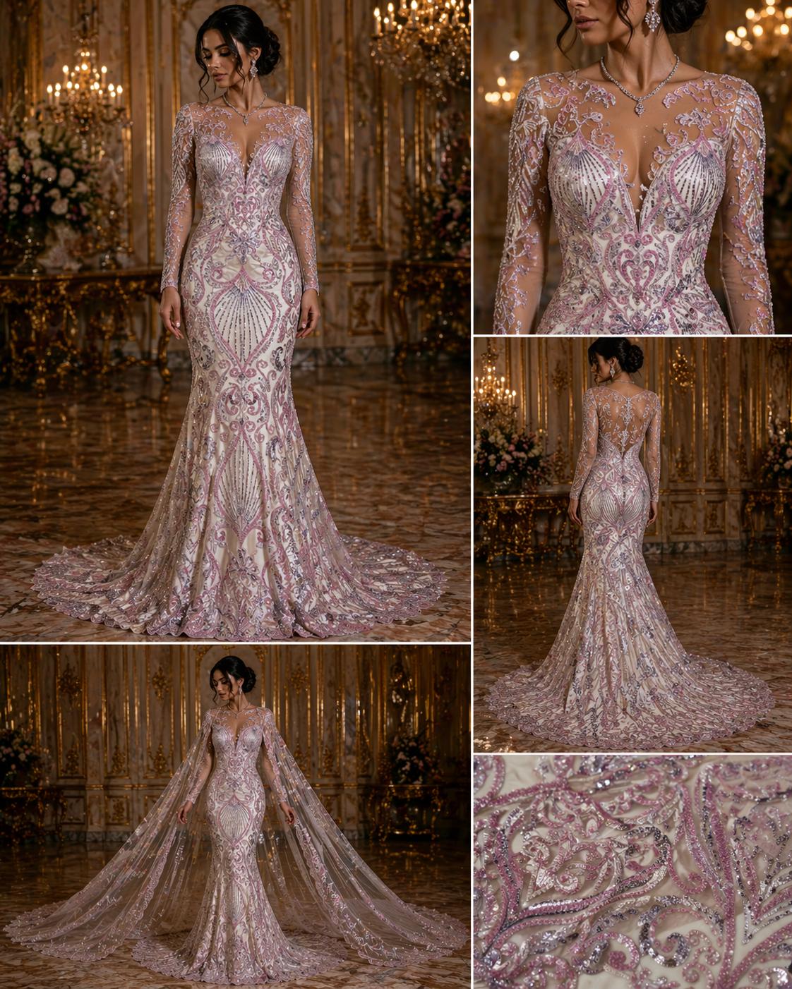 Luxury Heart Lace - Lilac - 3D Beaded Design with Embroidered Sequins and Beads On a Mesh Lace Fabric for Prom Dress By The Yard