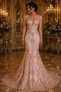 Luxury Heart Lace - Blush - 3D Beaded Design with Embroidered Sequins and Beads On a Mesh Lace Fabric for Prom Dress By The Yard