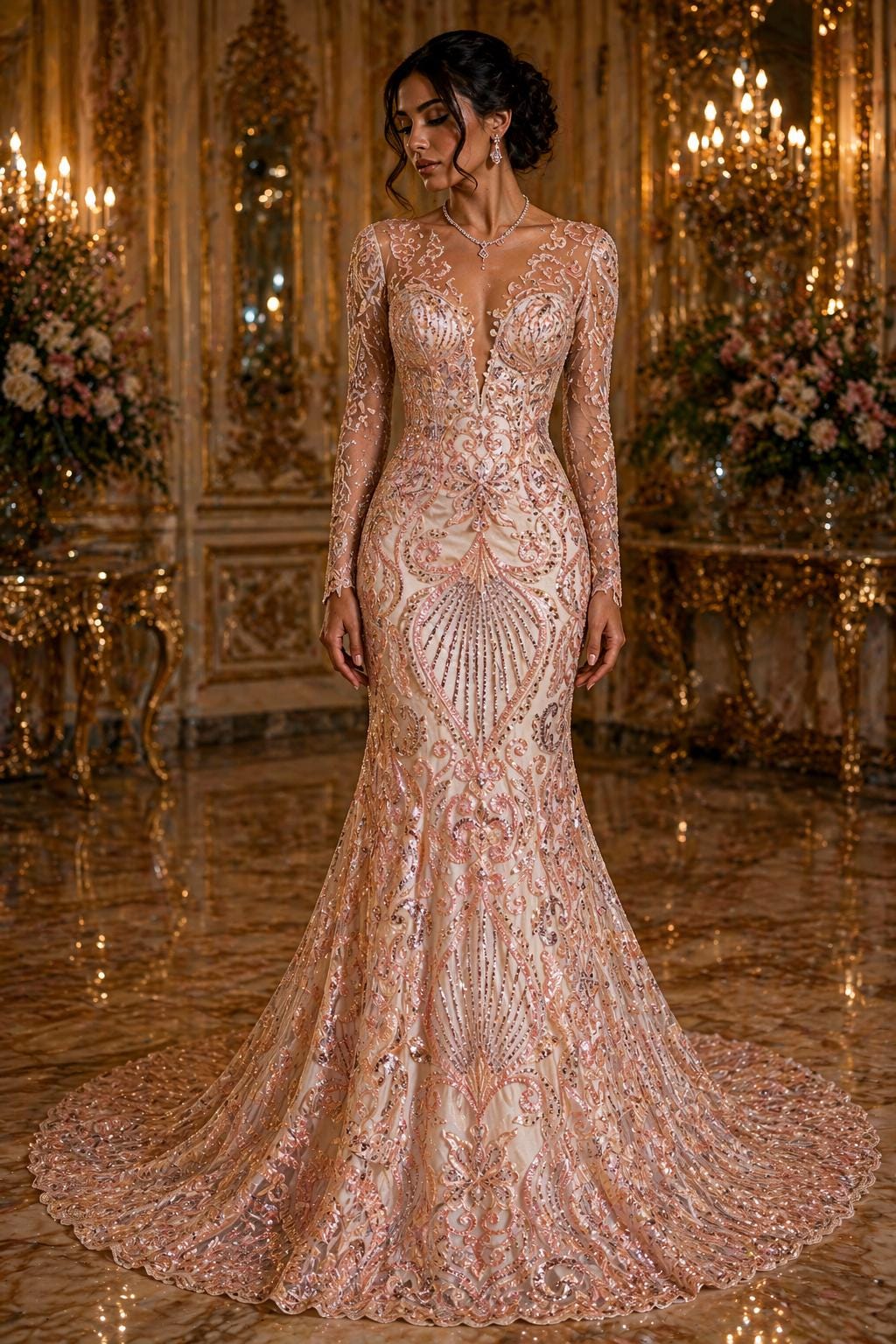 Luxury Heart Lace - Blush - 3D Beaded Design with Embroidered Sequins and Beads On a Mesh Lace Fabric for Prom Dress By The Yard