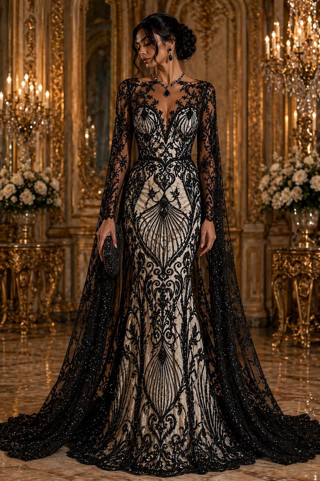 Luxury Heart Lace - Black - 3D Beaded Design with Embroidered Sequins and Beads On a Mesh Lace Fabric for Prom Dress By The Yard