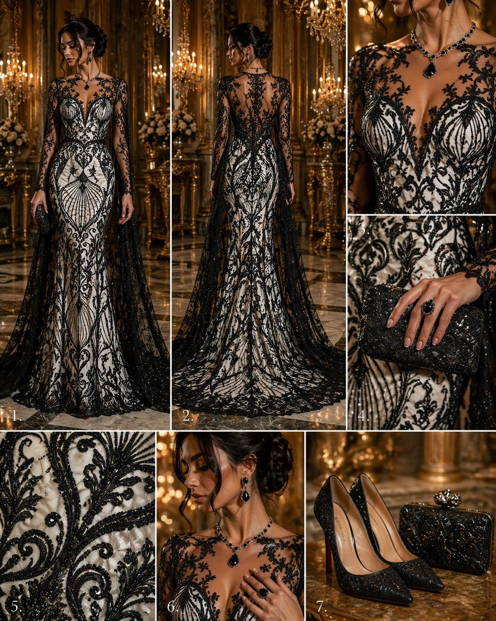 Luxury Heart Lace - Black - 3D Beaded Design with Embroidered Sequins and Beads On a Mesh Lace Fabric for Prom Dress By The Yard