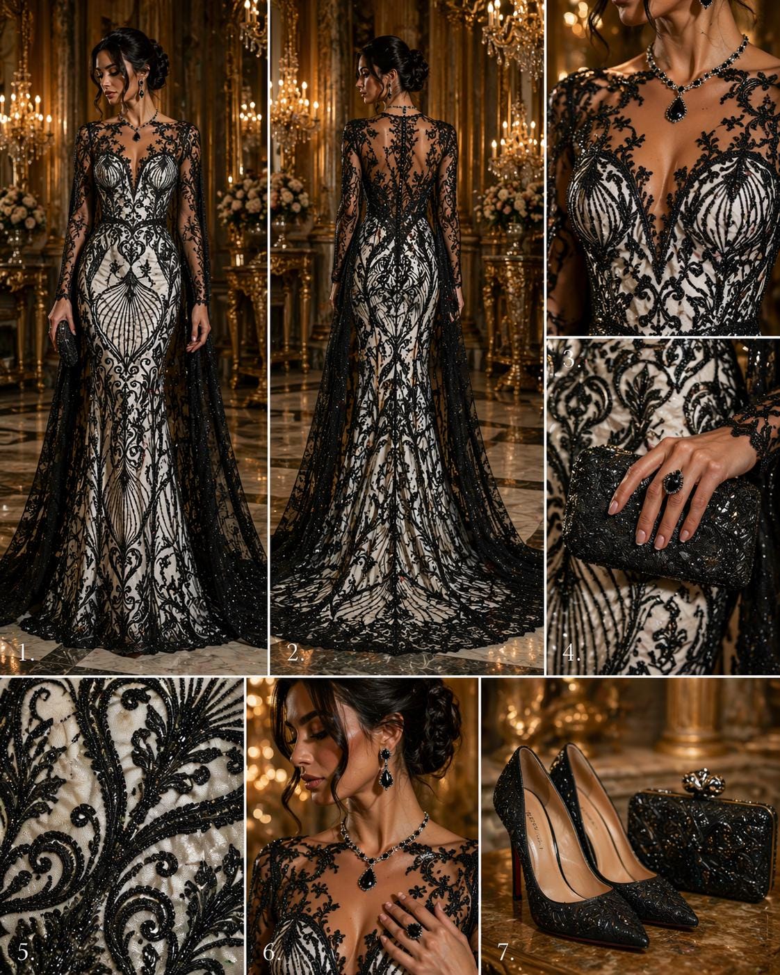 Luxury Heart Lace - Black - 3D Beaded Design with Embroidered Sequins and Beads On a Mesh Lace Fabric for Prom Dress By The Yard