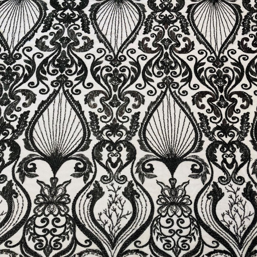 Luxury Heart Lace - Black - 3D Beaded Design with Embroidered Sequins and Beads On a Mesh Lace Fabric for Prom Dress By The Yard