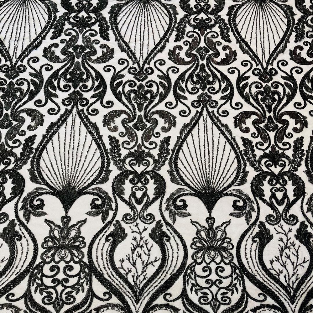 Luxury Heart Lace - Black - 3D Beaded Design with Embroidered Sequins and Beads On a Mesh Lace Fabric for Prom Dress By The Yard