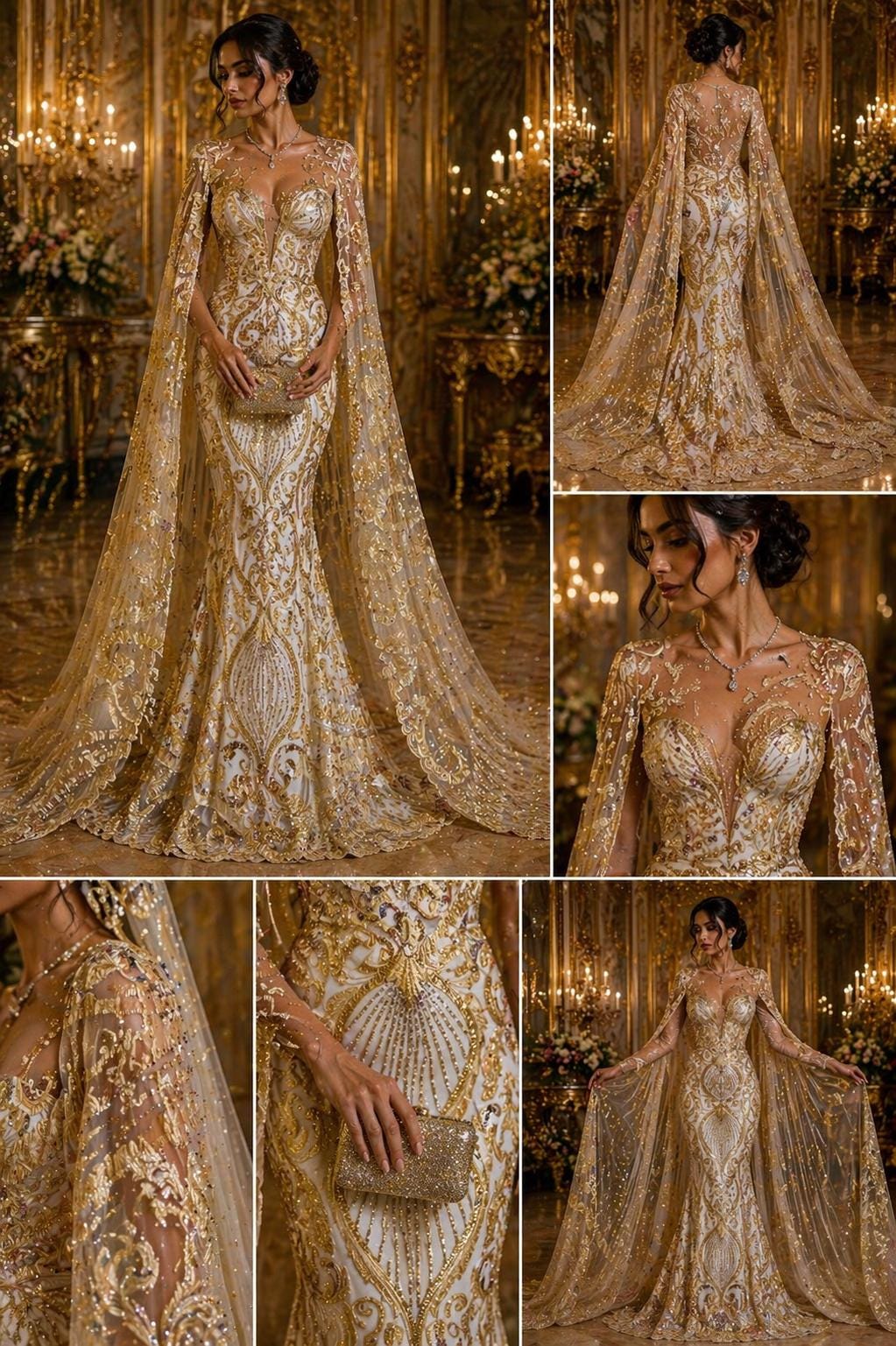 Luxury Heart Lace - Gold - 3D Beaded Design with Embroidered Sequins and Beads On a Mesh Lace Fabric for Prom Dress By The Yard