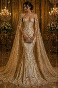 Luxury Heart Lace - Gold - 3D Beaded Design with Embroidered Sequins and Beads On a Mesh Lace Fabric for Prom Dress By The Yard