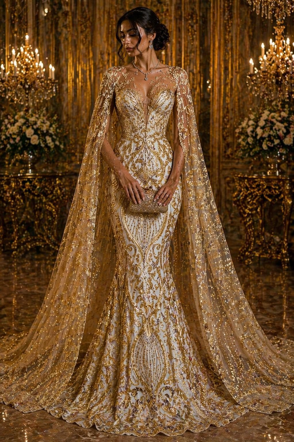 Luxury Heart Lace - Gold - 3D Beaded Design with Embroidered Sequins and Beads On a Mesh Lace Fabric for Prom Dress By The Yard