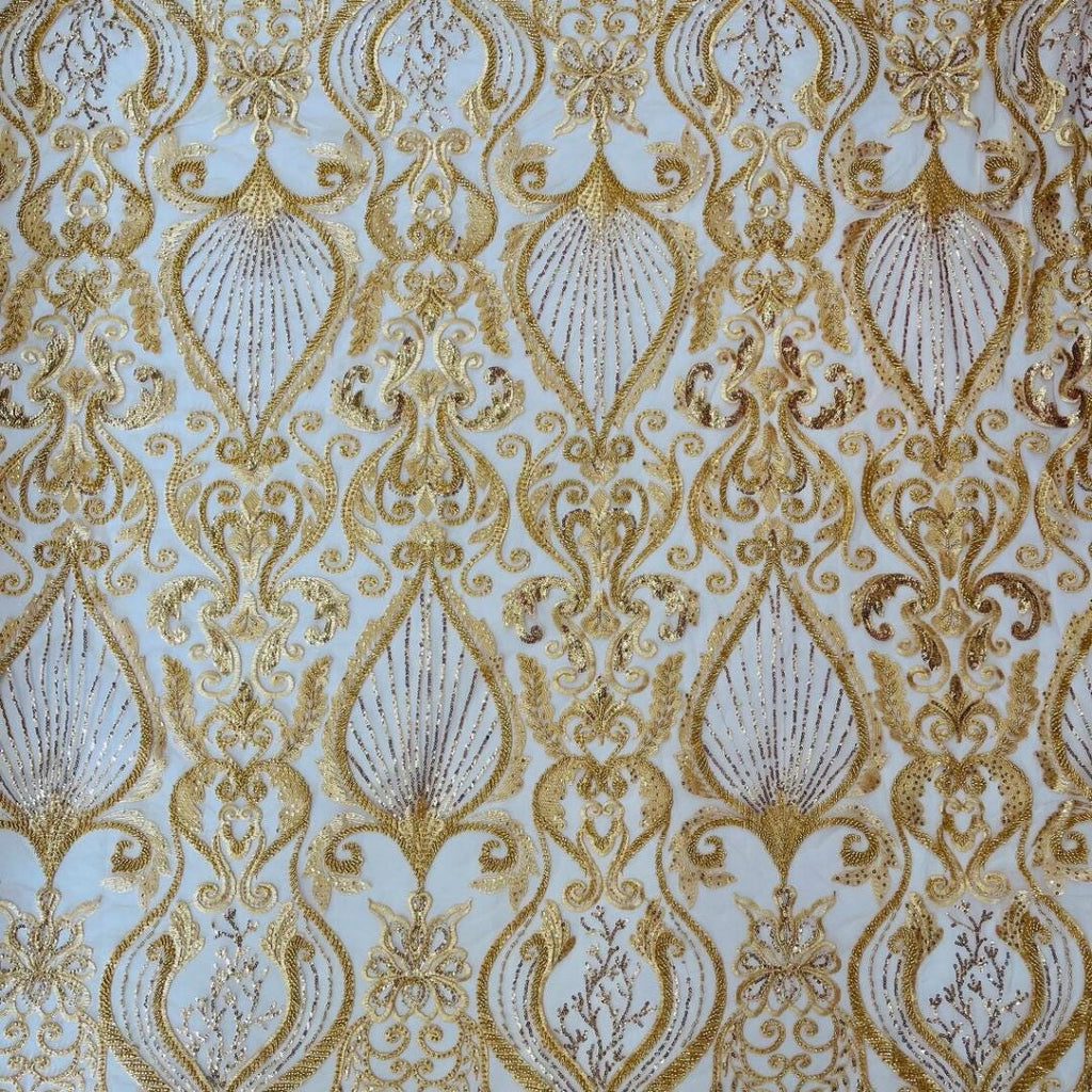 Luxury Heart Lace - Gold - 3D Beaded Design with Embroidered Sequins and Beads On a Mesh Lace Fabric for Prom Dress By The Yard