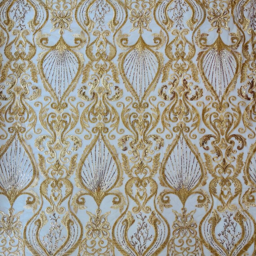Luxury Heart Lace - Gold - 3D Beaded Design with Embroidered Sequins and Beads On a Mesh Lace Fabric for Prom Dress By The Yard