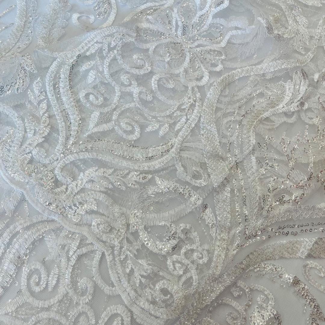 Luxury Heart Lace - White - 3D Beaded Design with Embroidered Sequins and Beads On a Mesh Lace Fabric for Prom Dress By The Yard