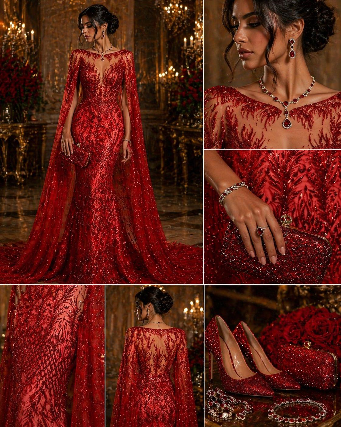 Luxury Lace - Red - 3D Beaded Design with Embroidered Sequins and Beads On a Mesh Lace Fabric for Prom Dress By The Yard