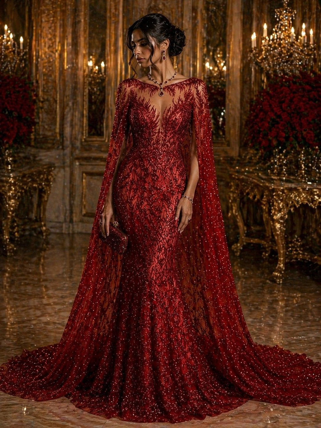 Luxury Lace - Red - 3D Beaded Design with Embroidered Sequins and Beads On a Mesh Lace Fabric for Prom Dress By The Yard