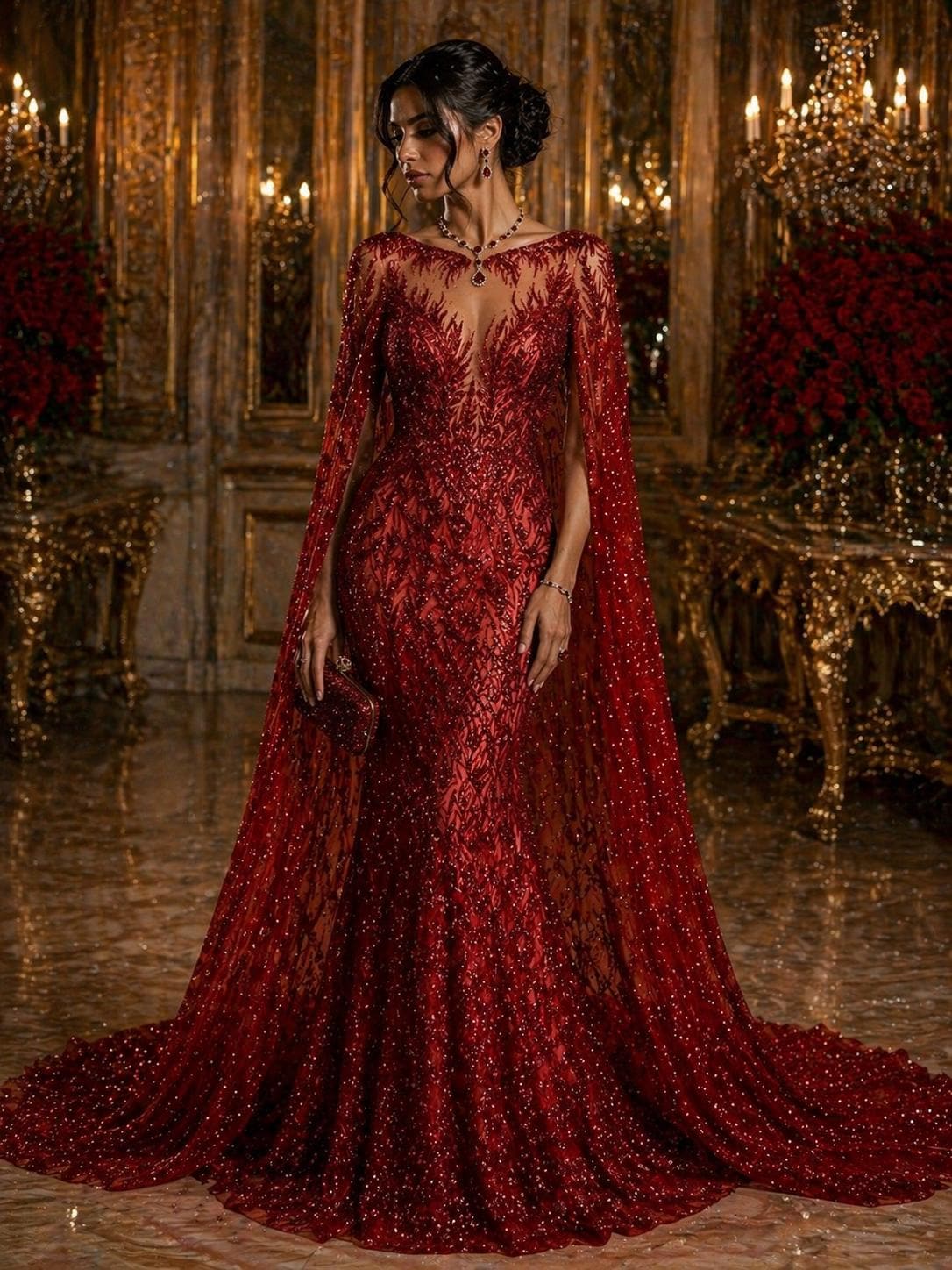 Luxury Lace - Red - 3D Beaded Design with Embroidered Sequins and Beads On a Mesh Lace Fabric for Prom Dress By The Yard