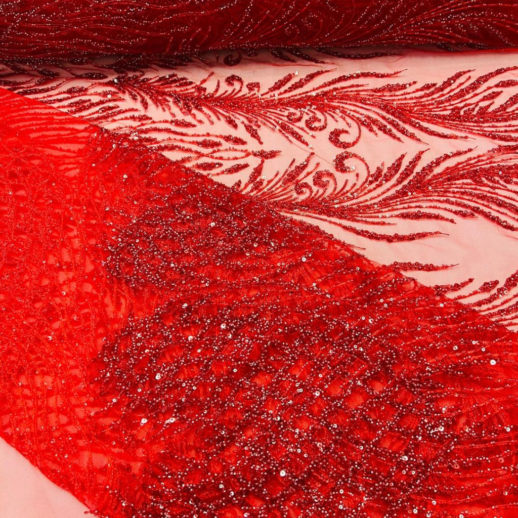 Luxury Lace - Red - 3D Beaded Design with Embroidered Sequins and Beads On a Mesh Lace Fabric for Prom Dress By The Yard