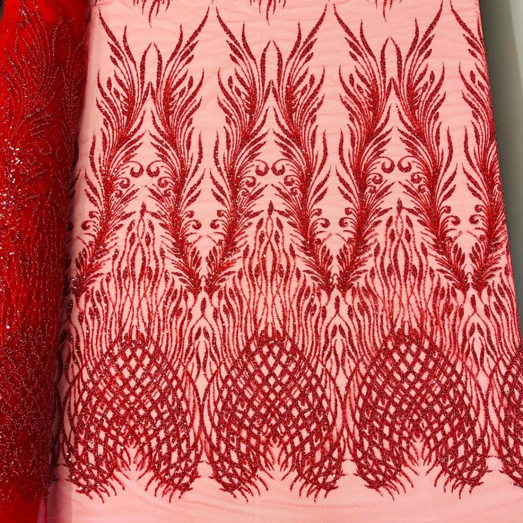 Luxury Lace - Red - 3D Beaded Design with Embroidered Sequins and Beads On a Mesh Lace Fabric for Prom Dress By The Yard