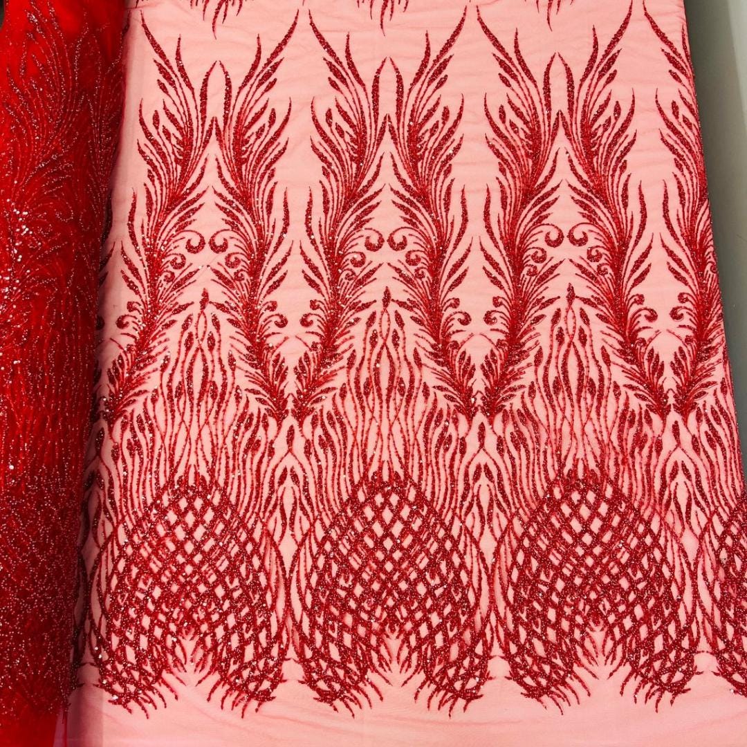 Luxury Lace - Red - 3D Beaded Design with Embroidered Sequins and Beads On a Mesh Lace Fabric for Prom Dress By The Yard