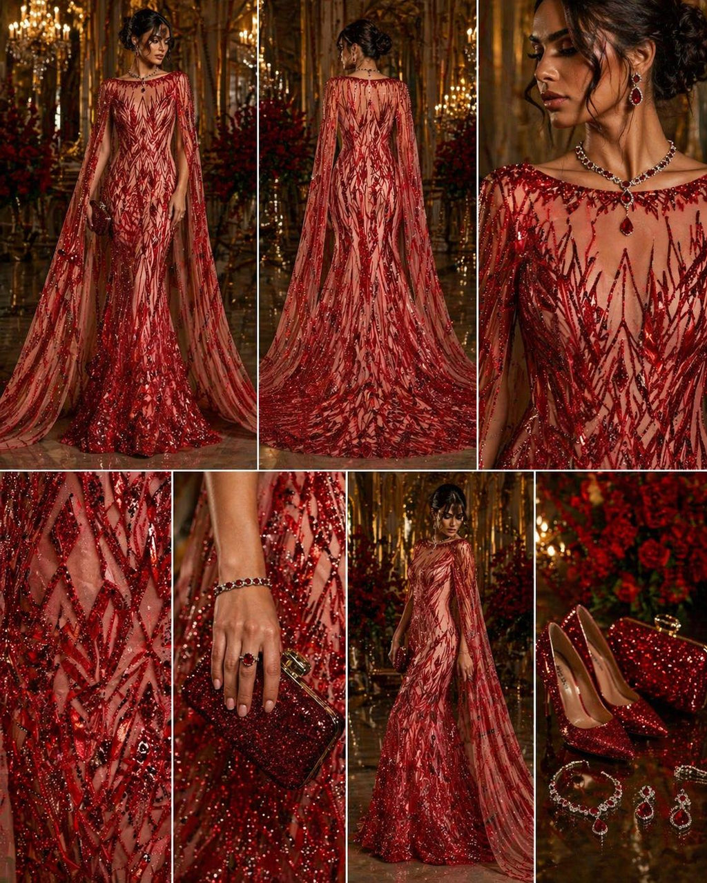 Luxury Geometric Lace - Red - 3D Beaded Design with Embroidered Sequins and Beads On a Mesh Lace Fabric for Prom Dress By The Yard