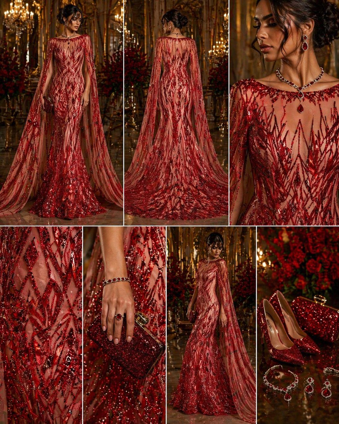 Luxury Geometric Lace - Red - 3D Beaded Design with Embroidered Sequins and Beads On a Mesh Lace Fabric for Prom Dress By The Yard