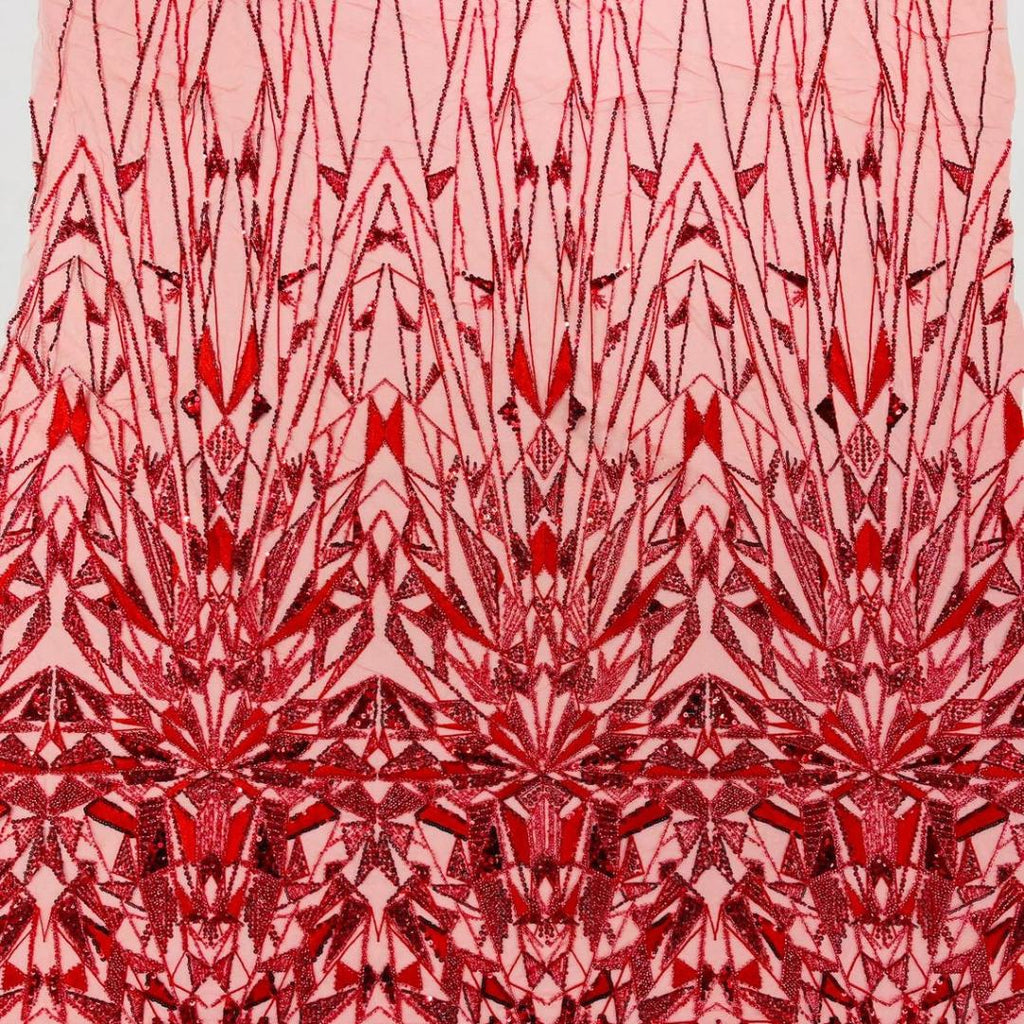 Luxury Geometric Lace - Red - 3D Beaded Design with Embroidered Sequins and Beads On a Mesh Lace Fabric for Prom Dress By The Yard