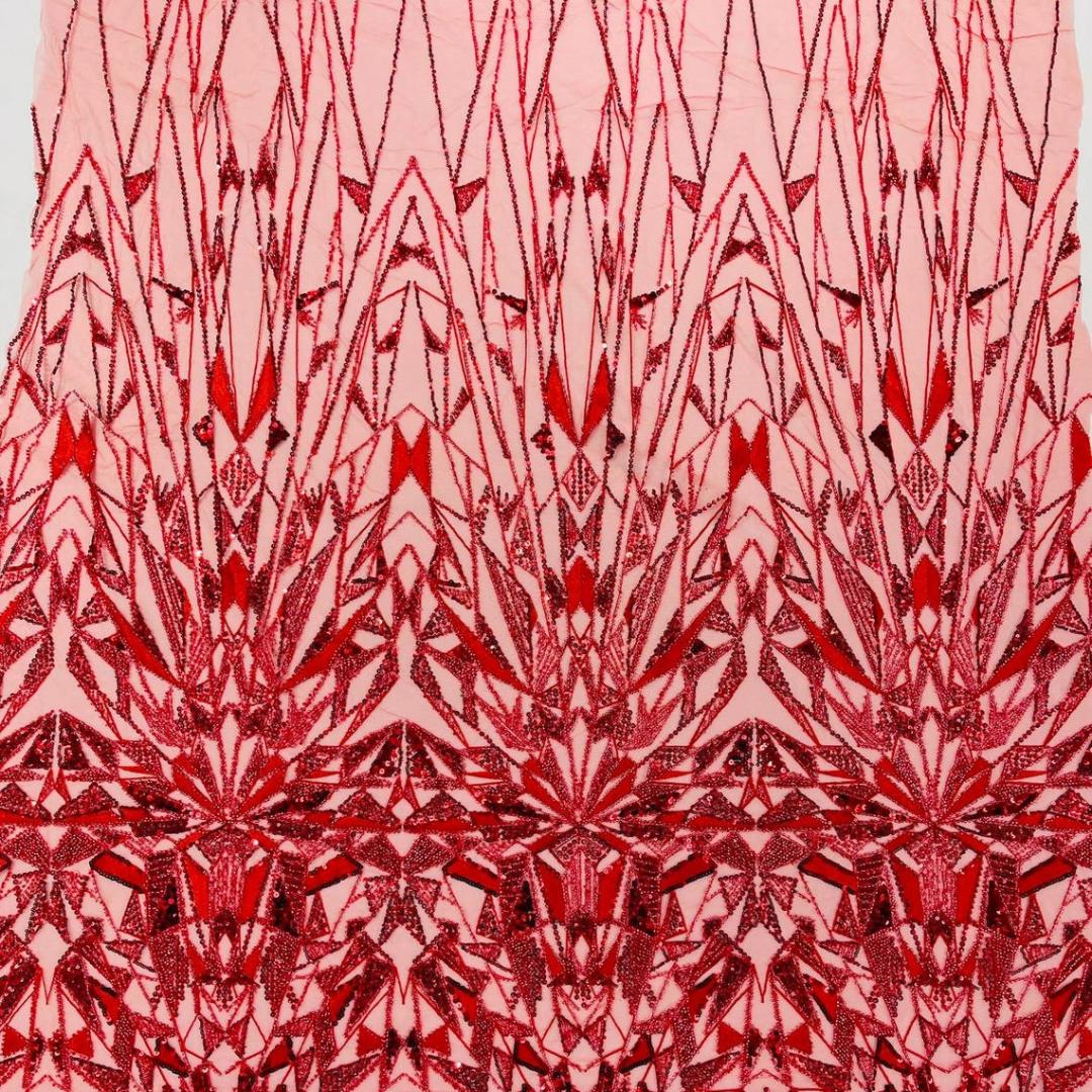 Luxury Geometric Lace - Red - 3D Beaded Design with Embroidered Sequins and Beads On a Mesh Lace Fabric for Prom Dress By The Yard