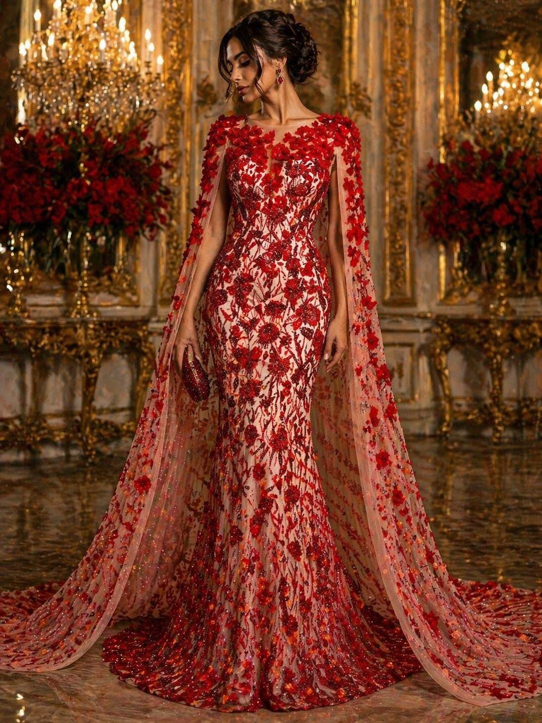 Luxury Butterfly Beaded Lace - Red - 3D Beaded Design with Embroidered Sequins and Beads On a Mesh Lace Fabric for Prom Dress By The Yard