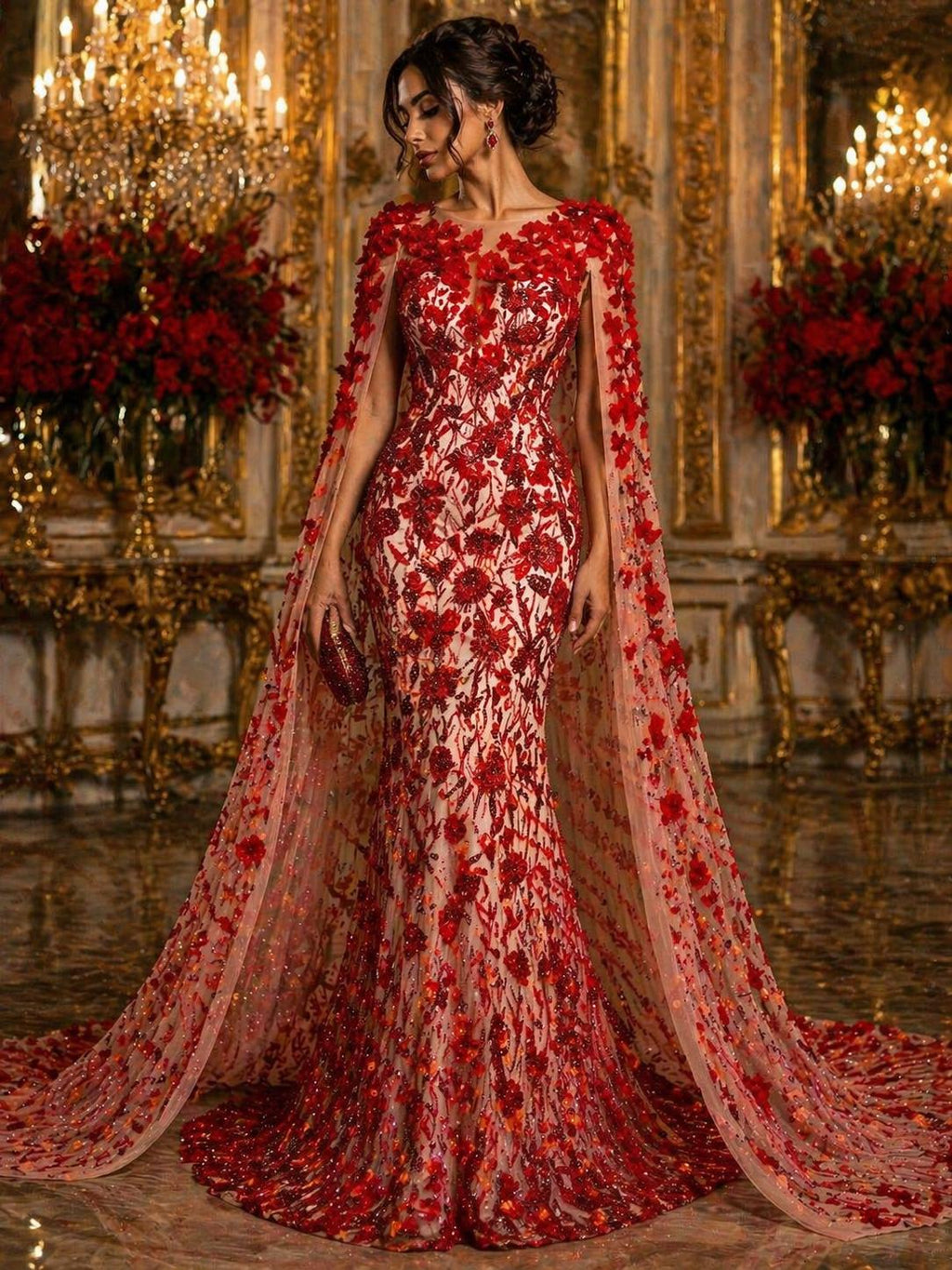 Luxury Butterfly Beaded Lace - Red - 3D Beaded Design with Embroidered Sequins and Beads On a Mesh Lace Fabric for Prom Dress By The Yard