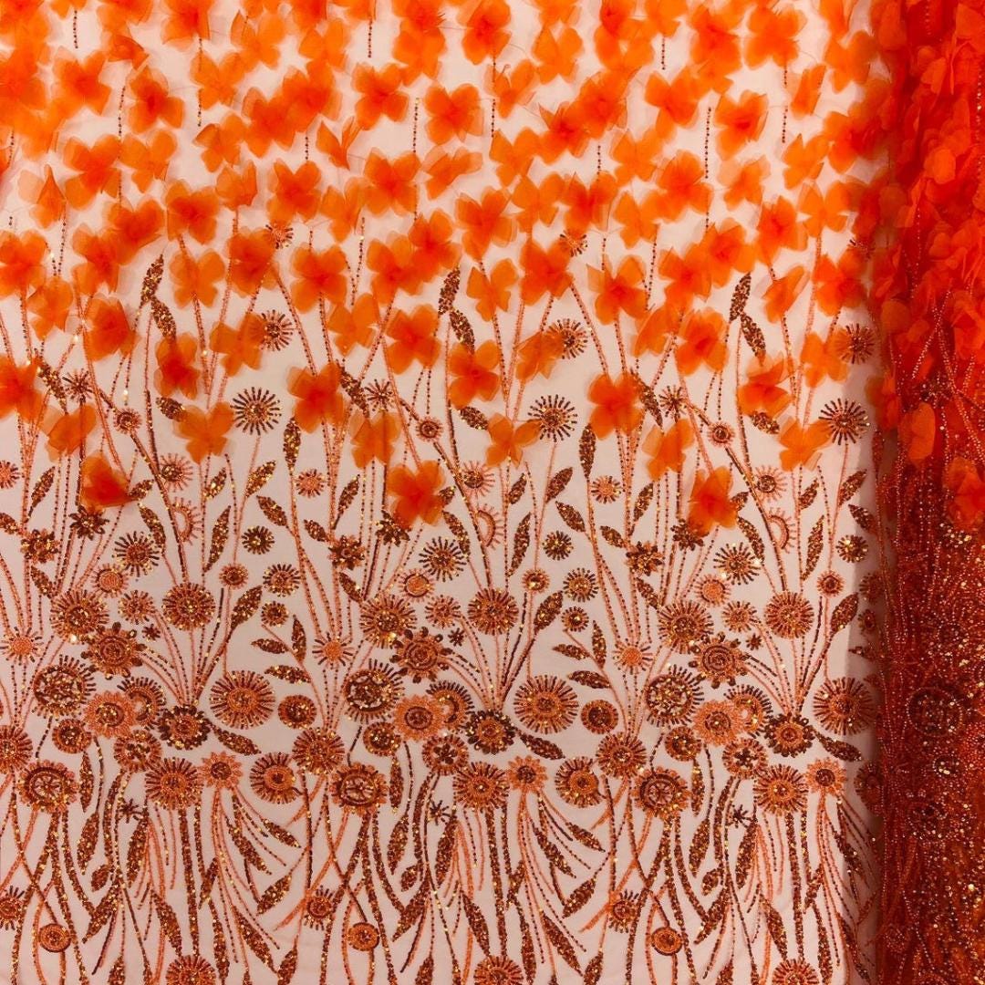 Luxury Butterfly Beaded Lace - Orange - 3D Beaded Design with Embroidered Sequins and Beads On a Mesh Lace Fabric for Prom Dress By The Yard