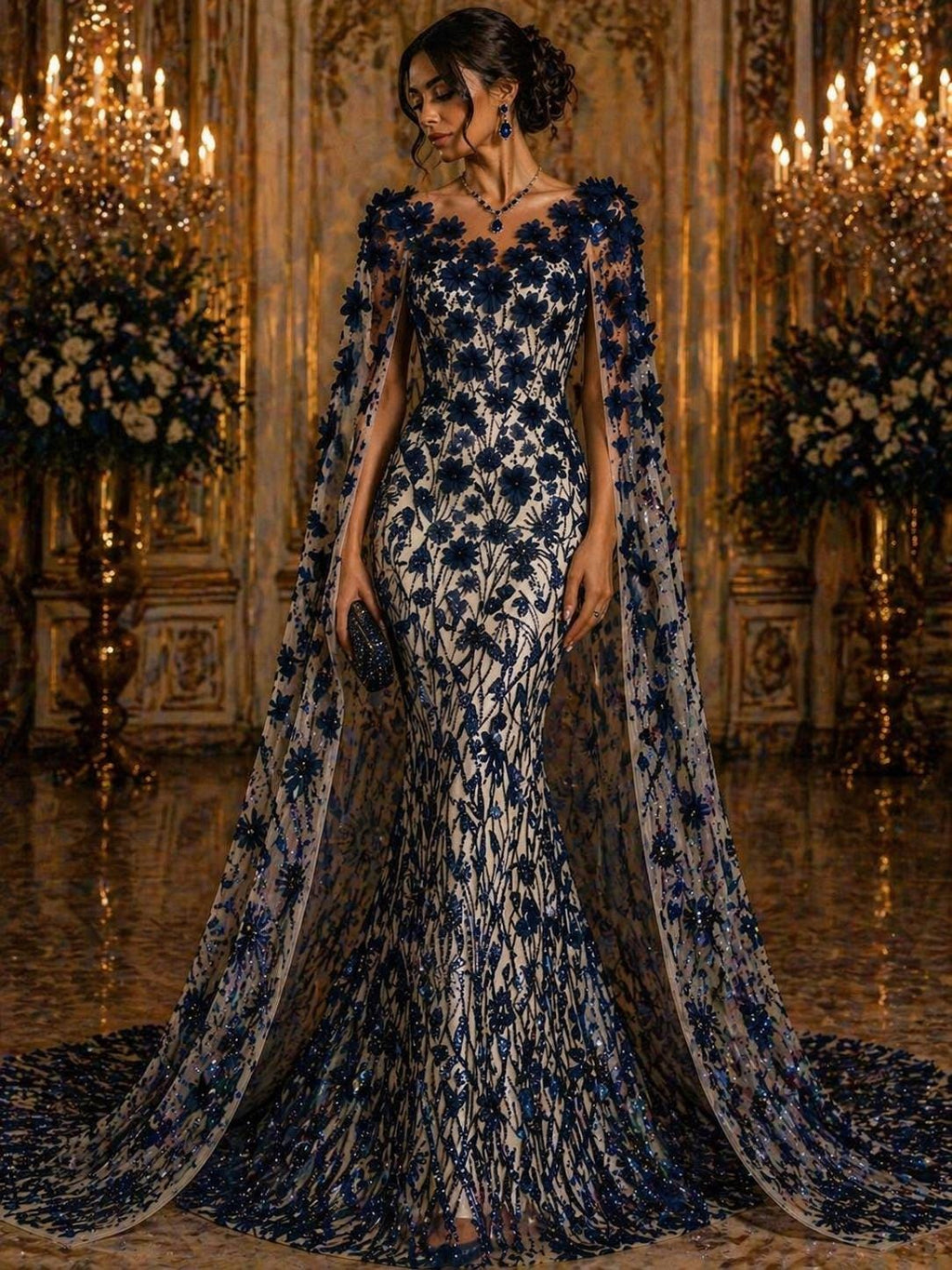 Luxury Butterfly Beaded Lace - Navy - 3D Beaded Design with Embroidered Sequins and Beads On a Mesh Lace Fabric for Prom Dress By The Yard