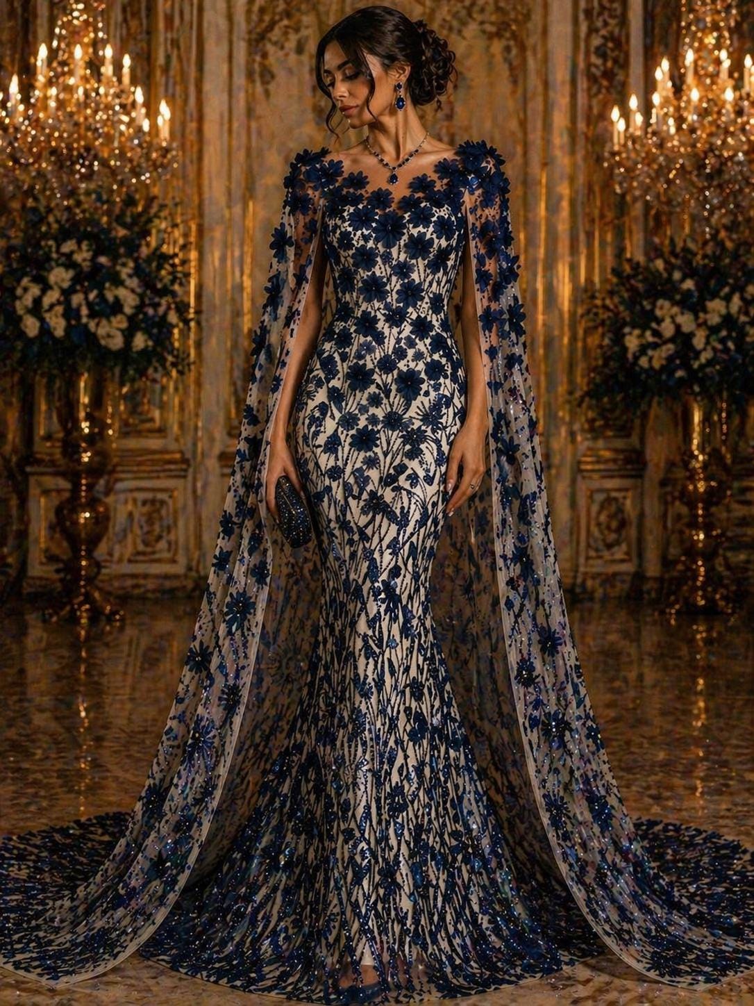 Luxury Butterfly Beaded Lace - Navy - 3D Beaded Design with Embroidered Sequins and Beads On a Mesh Lace Fabric for Prom Dress By The Yard