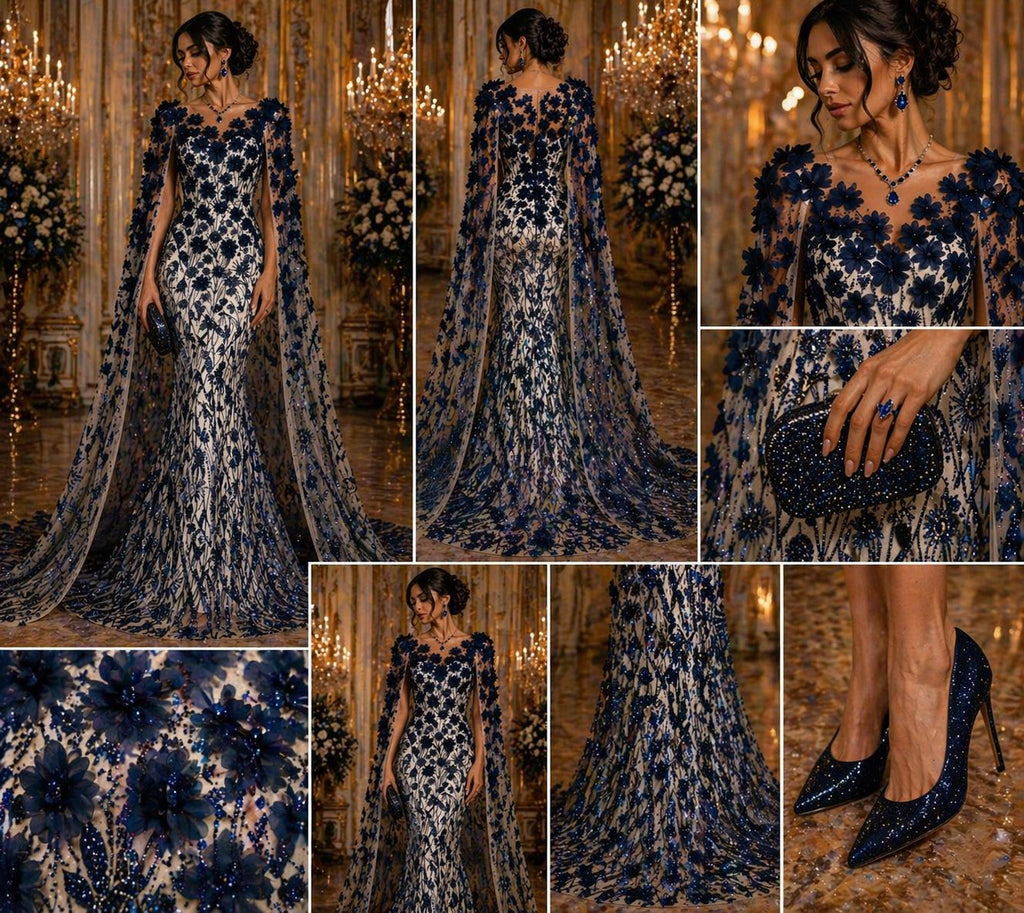 Luxury Butterfly Beaded Lace - Navy - 3D Beaded Design with Embroidered Sequins and Beads On a Mesh Lace Fabric for Prom Dress By The Yard
