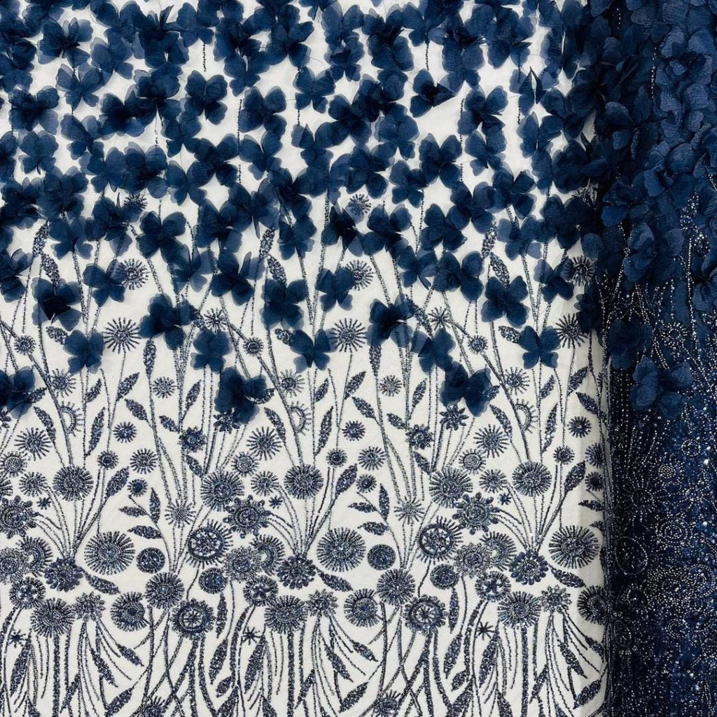 Luxury Butterfly Beaded Lace - Navy - 3D Beaded Design with Embroidered Sequins and Beads On a Mesh Lace Fabric for Prom Dress By The Yard
