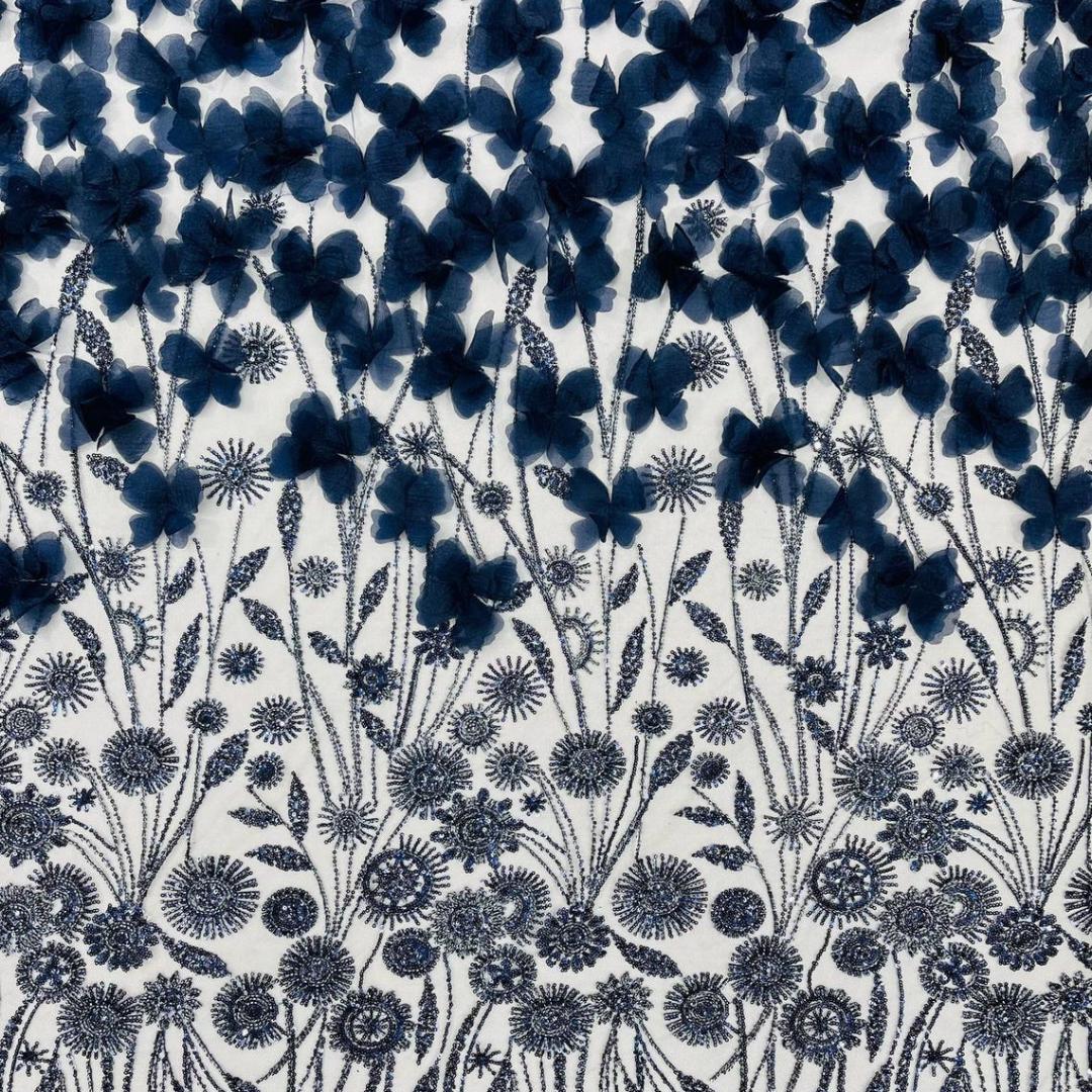 Luxury Butterfly Beaded Lace - Navy - 3D Beaded Design with Embroidered Sequins and Beads On a Mesh Lace Fabric for Prom Dress By The Yard