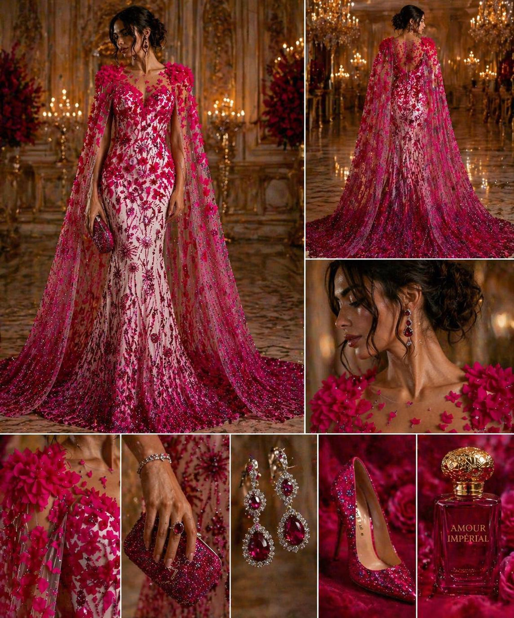 Luxury Butterfly Beaded Lace - Fuchsia - 3D Beaded Design with Embroidered Sequins and Beads On Mesh Lace Fabric for Prom Dress By The Yard