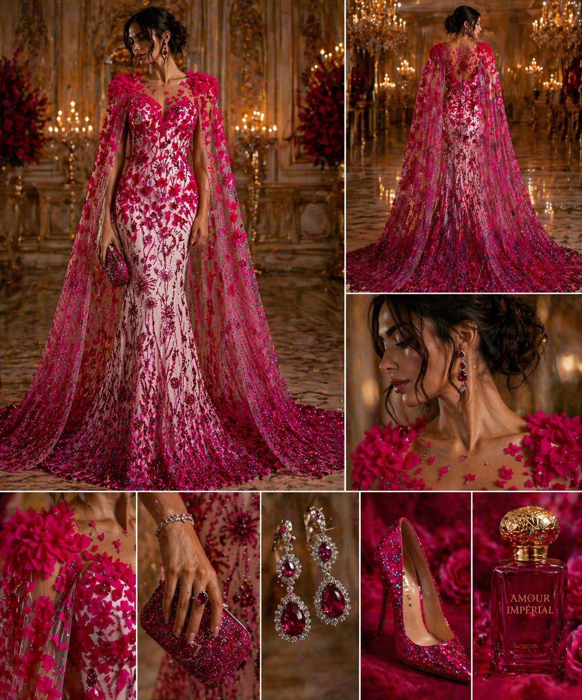 Luxury Butterfly Beaded Lace - Fuchsia - 3D Beaded Design with Embroidered Sequins and Beads On Mesh Lace Fabric for Prom Dress By The Yard
