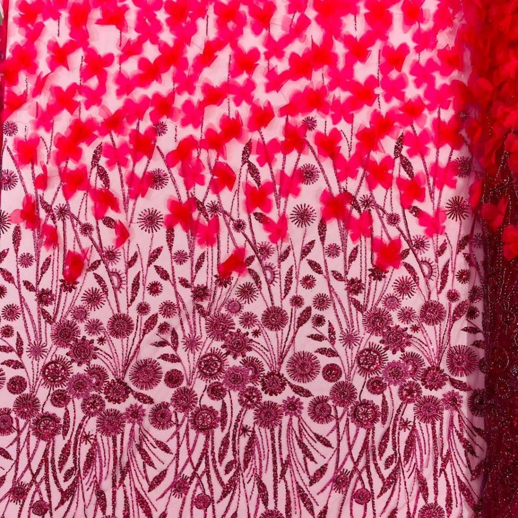Luxury Butterfly Beaded Lace - Fuchsia - 3D Beaded Design with Embroidered Sequins and Beads On Mesh Lace Fabric for Prom Dress By The Yard