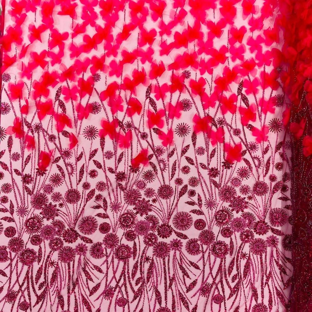 Luxury Butterfly Beaded Lace - Fuchsia - 3D Beaded Design with Embroidered Sequins and Beads On Mesh Lace Fabric for Prom Dress By The Yard