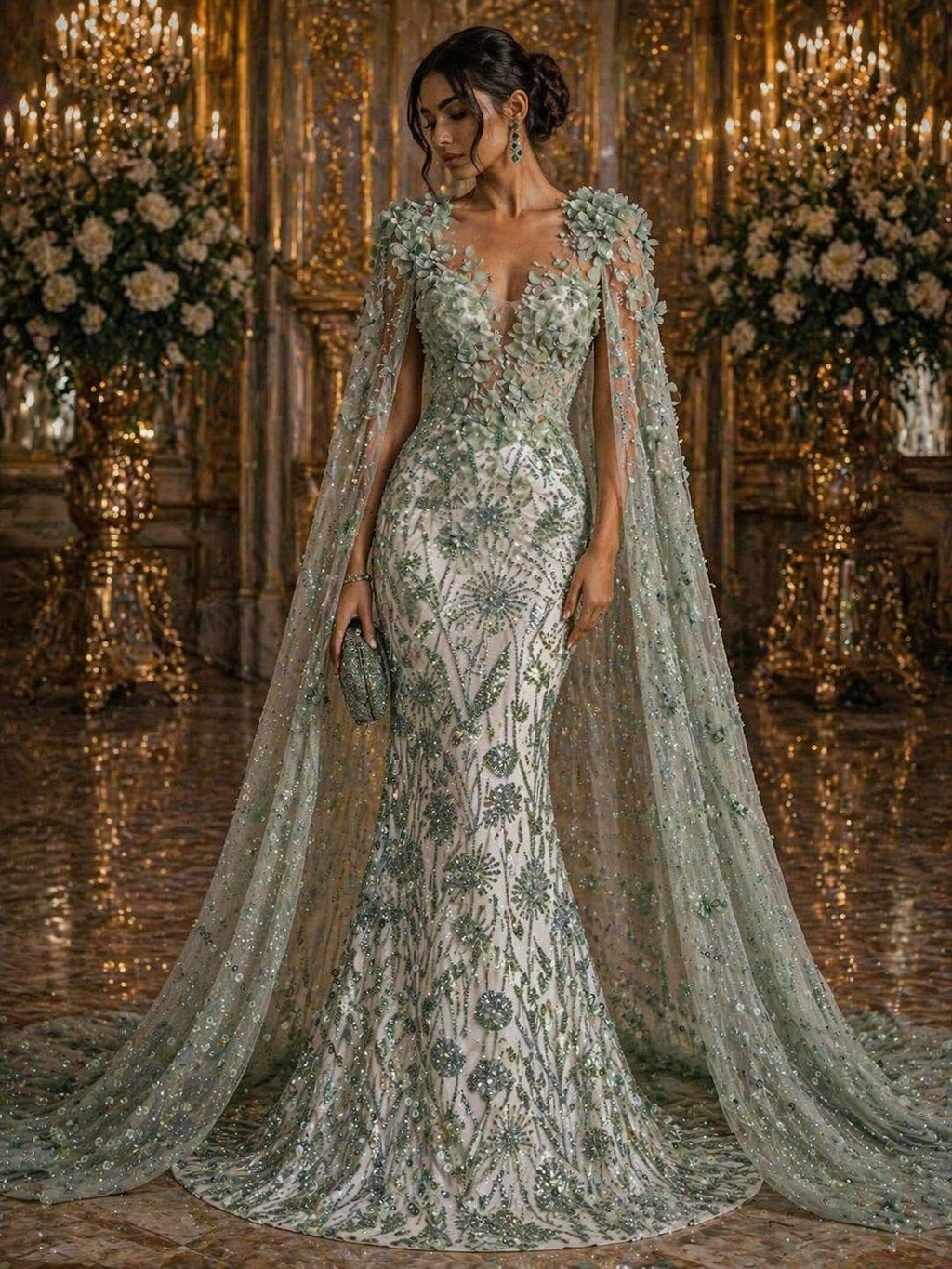 Luxury Butterfly Beaded Lace - Sage - 3D Beaded Design with Embroidered Sequins and Beads On Mesh Lace Fabric for Prom Dress By The Yard