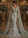 Luxury Butterfly Beaded Lace - Sage - 3D Beaded Design with Embroidered Sequins and Beads On Mesh Lace Fabric for Prom Dress By The Yard